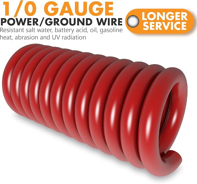 Jeemiter 1/0 Gauge Wire CCA Copper Clad Aluminum (20FT Red) - Battery Cable,Power/Ground Cable for Car Amplifier,Big 3 Upgrade,Auto with Lug Terminal Connectors & 3:1Heat Shrink Tubing