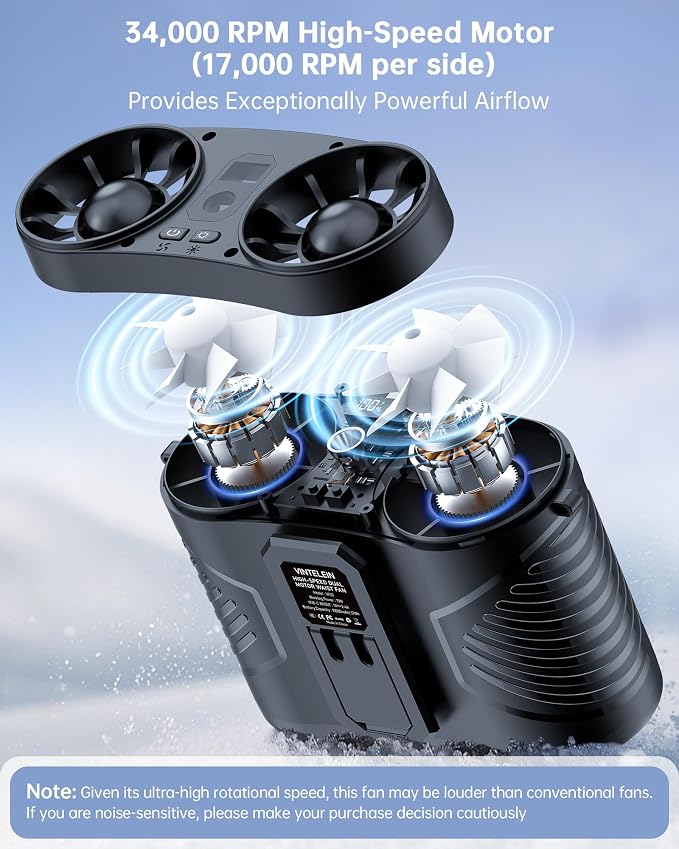 2PCS Dual Motor Wearable Waist Fan, 34000RPM Super Strong Airflow, Multifunctional Clip On Fan for Belt/Body/Shirt/Undershirt/Hip, Hands-Free Personal Cooling Fan for Outdoor Stadium/Work/Camping