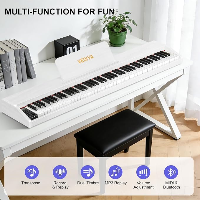 Digital Piano Keyboard 88 key,Semi-Weighted Electric Piano,Full Size Acoustic Piano for Beginners with Pedal, USB-MIDI Compatibility (White)