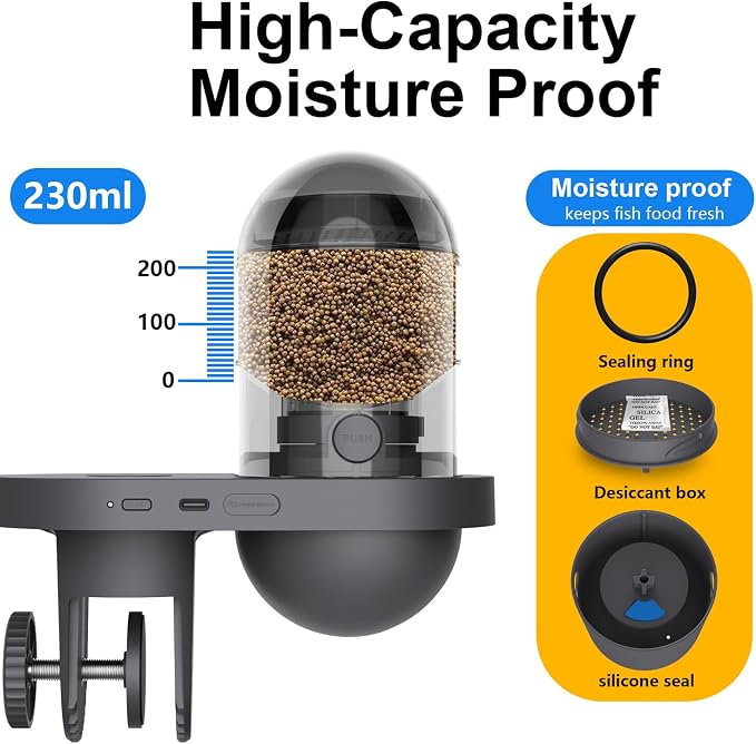 WiFi Automatic Fish Feeder with 2.5K Camera, 2.4/5G Smart App Remote Contro & Vacation Timer, 0.2g Precision Aquatic Pet Feeder, 230ML Moisture-Proof Fish Food Dispenser for 10+ Gallon Tank