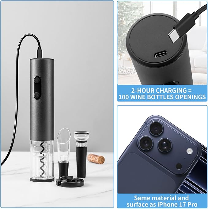 Electric Wine Opener Set Rechargeable, Automatic Corkscrew Set, Including Black Metal Wine Glasses of 2, Stainless Steel Wine Goblet, Ideal Gift for Wedding, Wine Lover, Birthday, Girl, Men
