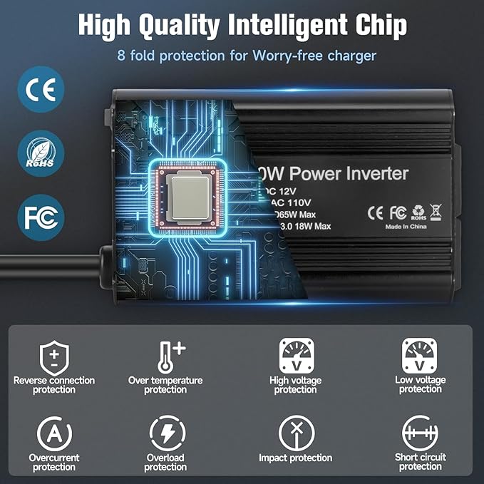400W Power Inverter 12V DC to 110V AC, Car Charger Plug in Adapter Outlet with PD 65W USB-C&QC 18W Port, Portable Power Converters for Laptop Vehicles Camping Road Trip Essentials Adults-Black
