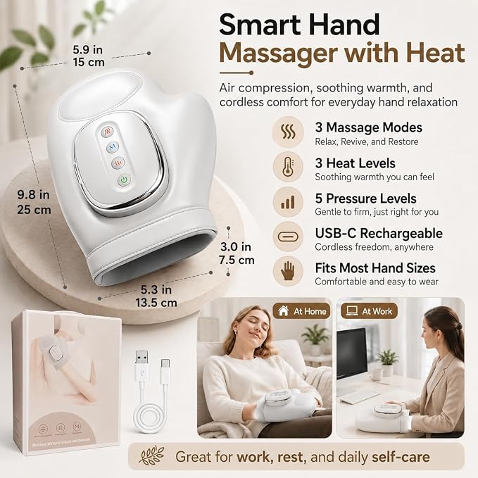 Hand Massager with Heat and Compression, Cordless Electric Hand Massager for Arthritis & Carpal Tunnel Relief, 3 Massage Modes 5 Intensity Levels, Portable Finger Palm Wrist Therapy Glove,Gift