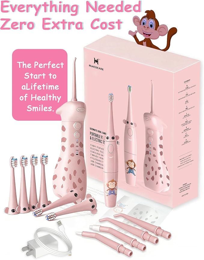 Kids Water Flosser & Electric Toothbrush Combo for Ages 6-12,Children Oral Irrigator with 3 Gentle Modes & 2 Sonic Modes,Braces-Friendly Dental Kit for Boys & Girls (Giraffe & Monkey Design)