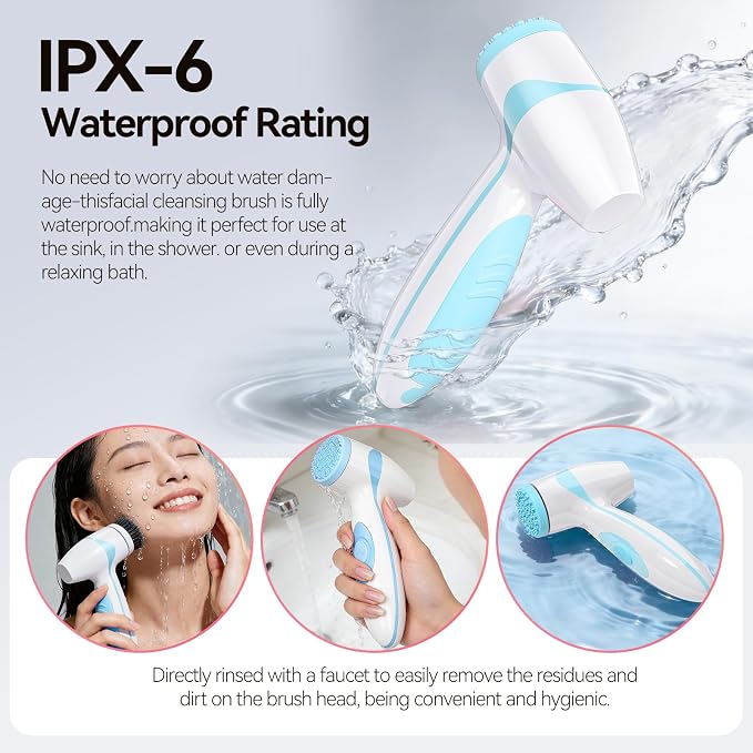 Rechargeable Facial Cleansing Brush – Dual Rotating Electric Face Scrubber with 3 Brush Heads, Waterproof Exfoliator for Deep Cleansing, Valentine's Day Gifts for Her, Mom (Blue)