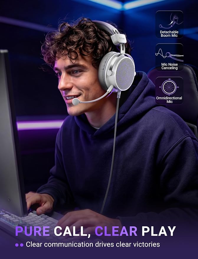 FIFINE Open Back Gaming Headset with 7.1 Surround Sound - Dual Wired USB/3.5mm Connection - USB Control Box - Detachable Mic, Over Ear Headphone for PC, PS4/5, Xbox, Switch, Mobile - H18V Lite WP