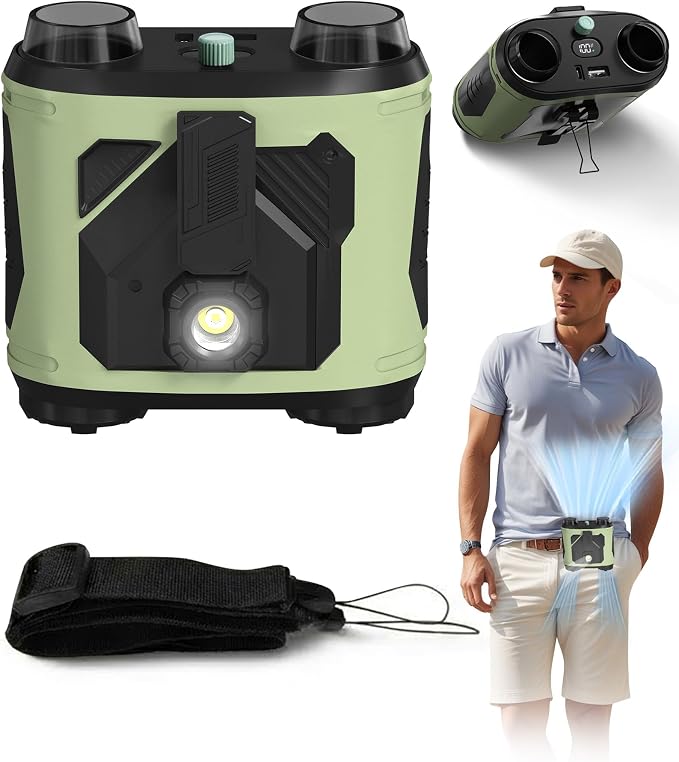 KlikKlak Portable Waist Fan, 4-in-1 Dual Motor Belt Clip Fan with 100-Speed Dial, LED Light, Wearable Under Shirt Fan for Outdoor Work, Camping, Travel