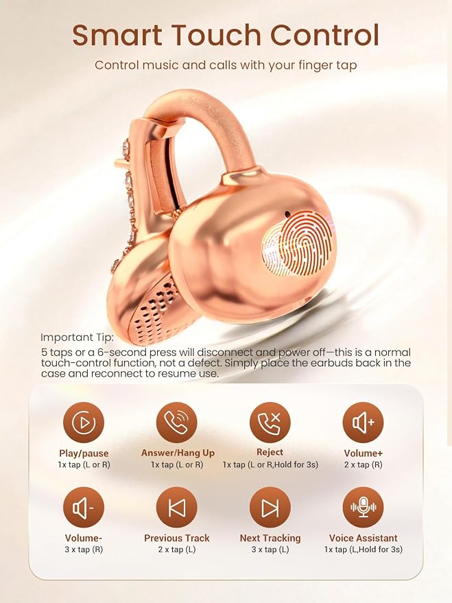 JewelPods C3 Wireless Bluetooth Earbuds, Jeweled Open-Ear Headphones, Pink | Ultra-Light Memory Wire Clip-On Earrings for All-Day Comfort, 60H Playtime, Sweat & Water Resistant, Premium Sound