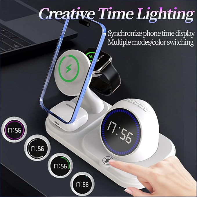 6 in 1 Wireless Charger for Apple Device，with Clock & 5 Color Ambient Light, Comes with Speakers,Nightstand Charger Station for iPhone 17/16/15/14/13/12/iWatch Series/AirPods (White)