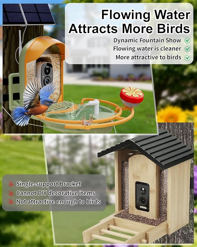 Bird Feeder with Camera, Smart Birdfeeder with Cam Solar Powered, 2K HD Video, AI Identification, Instant Arrival Alerts, IP66 Bird Bath & Feeder,Gift for BirdLover (with Pump, Green)