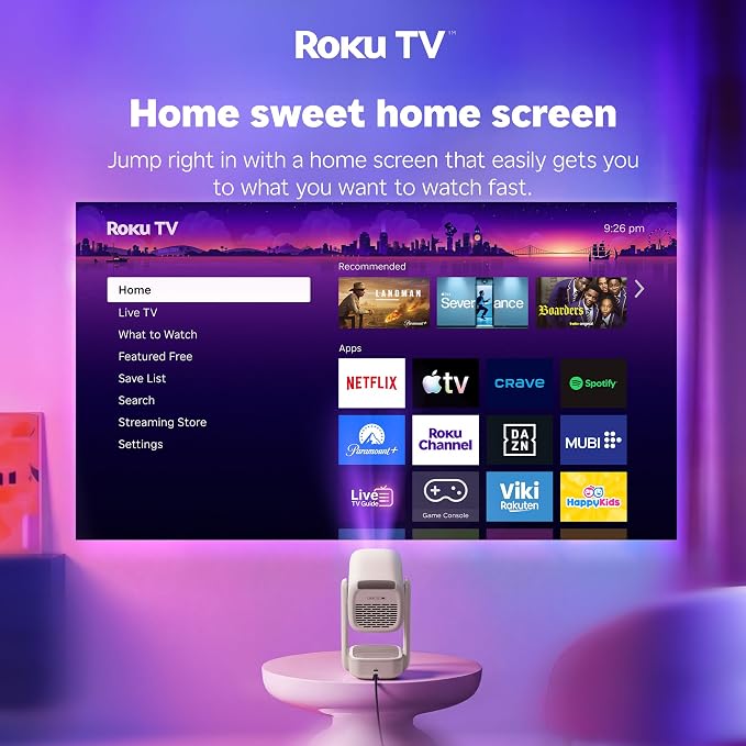 Aurzen Roku TV USB-C Powered Smart Portable Projector with Wifi and Bluetooth, D1R air Roku TV Built-in, Native 1080P, DoIby Audio, Mini Projector for Home, Soccer Game/Outdoor Movies, Off-White