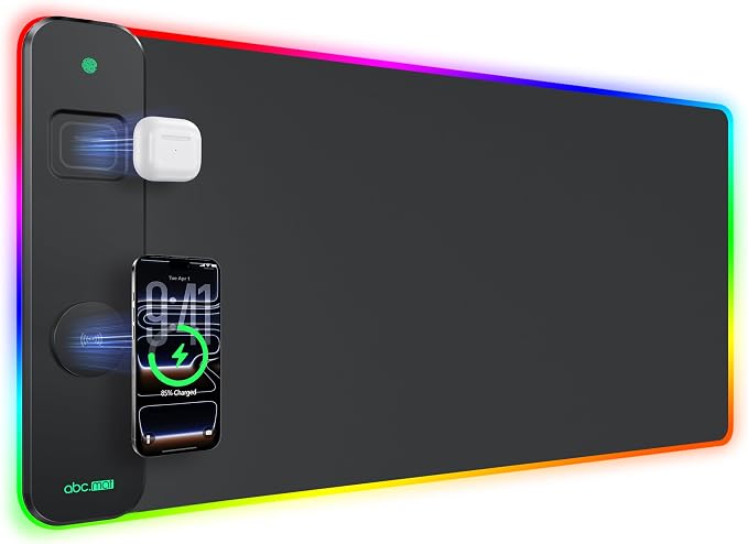 RGB Gaming Mouse Pad with Wireless Charging for Phone/AirPods, 31.5"x15.8" Large, 24 Light Effects, Non-Slip Base, Waterproof Ultra-Smooth Surface, No Adapter