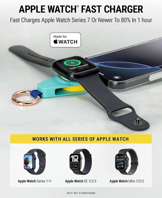 Scosche WatchIt Keychain Magnetic Charger for Apple Watch, Fast Charging USB-C Plug-in (No Battery), Portable Travel Charger for Series 11/10/9/8/7/6/5/4, Ultra 3/2, SE3/SE2/SE & AirPods, Aquatic Awe