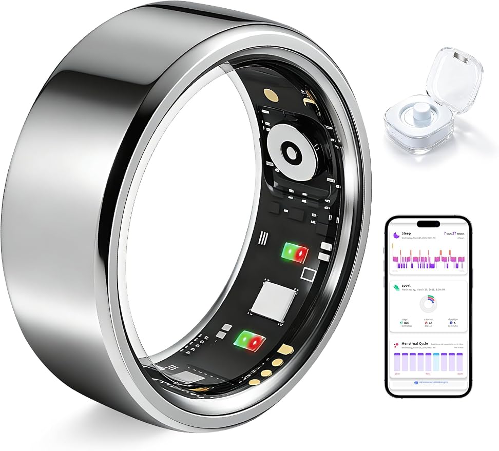 Smart Ring for Women Men Fitness Tracker Heart Rate Sleep Trends 128 Sports Modes Gesture Control Cycle Tracking IP68 Waterproof No Subscription Compatible with iPhone Android (Silver, Size11)