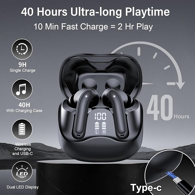 Hybrid Active Noise Canceling Wireless Earbuds, 6 Mics ENC Clear Call Ear Buds, Hi-Res Audio Deep Bass Bluetooth 5.4 Headphones, 48H Playtime, IP7, 8 EQ Modes, Multipoint Connection (Black)