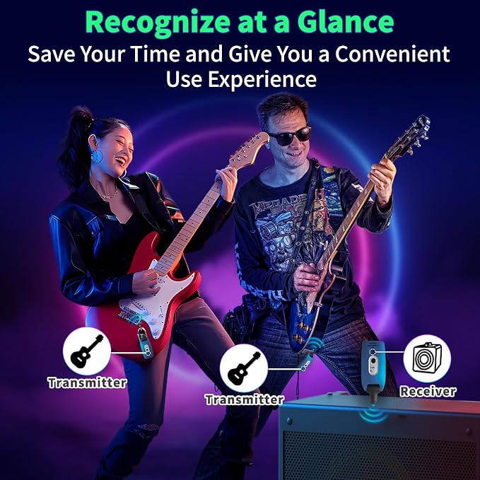 A9 Wireless Guitar System 2.4GHz Built-in Rechargeable Lithium Battery 270°Rotate Audio Wireless Transmitter Receiver for Guitar Bass Violin Keyboard Electric Instruments (1C-NRJ0-646R)