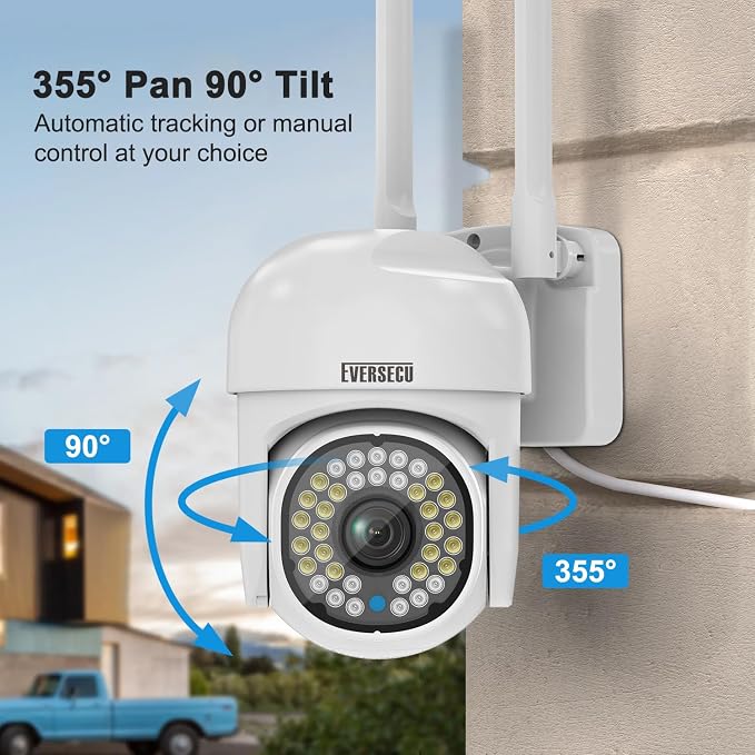 EVERSECU 2K 3.0MP Outdoor WiFi PTZ Security Camera, 2.4G&5G WiFi, Auto Tracking, 2 Way Audio, Color & Infrared Night Vision, Work with Alexa, SD Card & Cloud Storage, ONVIF Compliant IP Camera(4pack)