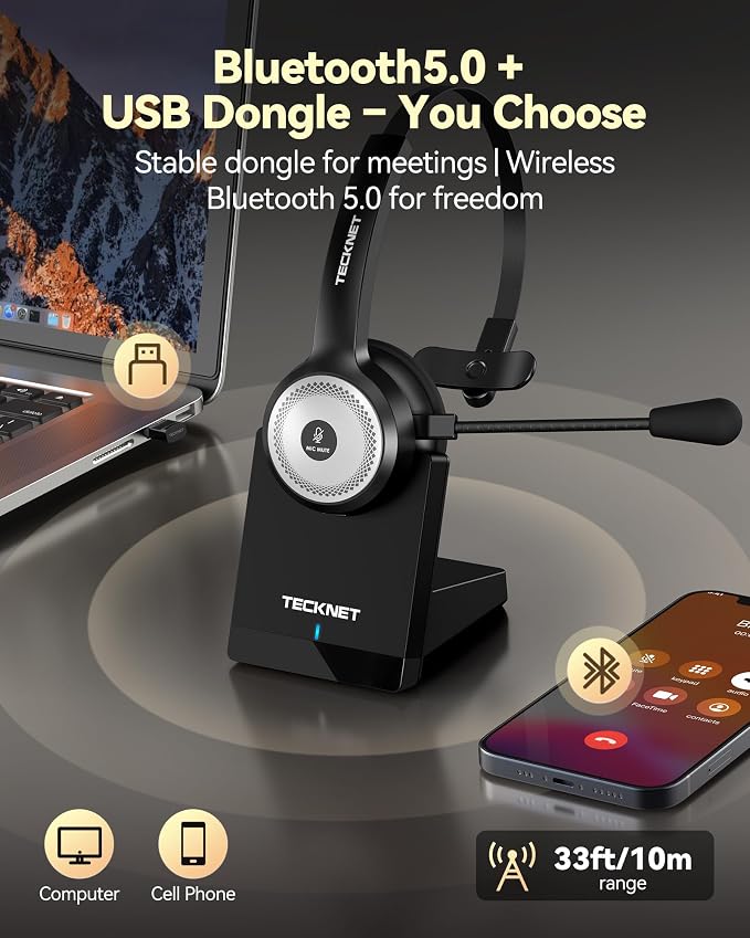 TECKNET Wireless Headset for Work, 45Hrs Worktime AI Noise Cancelling Computer Headphones with Charging Base, Bluetooth Headset with Mic & USB Dongle for PC/Laptop/Call Center