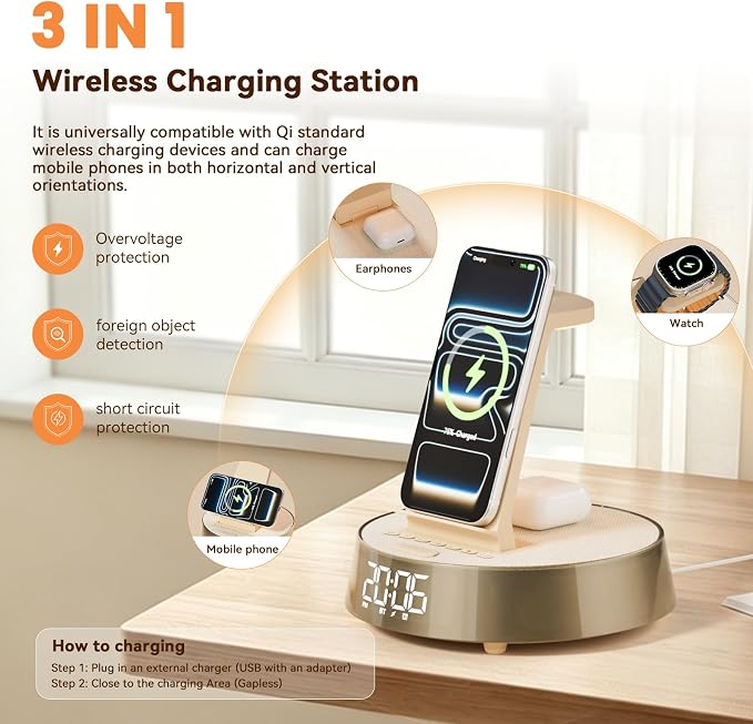 6 in 1 Wireless Charging Station with Alarm Clock, Bluetooth Speaker, FM Radio, Night Light for Bedroom Office, Wireless Charger Dock Station for iPhone 17 16 15 14 13 12 Pro Max,Apple Watch, AirPods