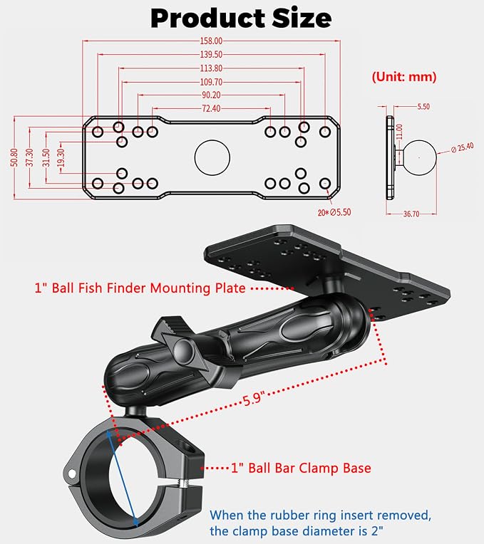 VAZESWIN Aluminum Alloy 1" Ball Fish Finder Mount, 5.9" Long Arm Marine Electronic Mount with Bar Clamp Base, Fit 1.5" 1.65" 1.75" 1.85" 2" Round Rail, for Garmin, Lowrance, Humminbird, Raymarine