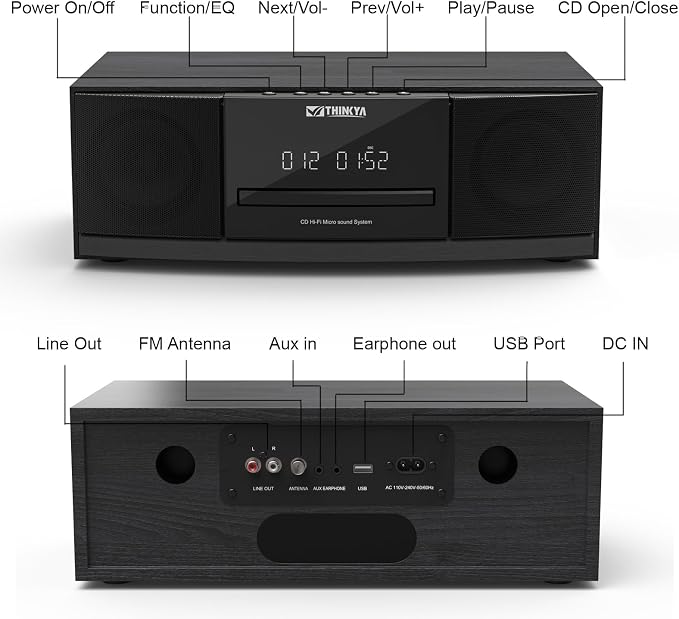 JA-318 CD Player Stereo System for Home, 36W RMS HiFi Bluetooth 5.3 CD Player with Speakers, FM Radio 40 Presets, USB/AUX Playback, LED Clock & Alarm, IR Remote Control, Modern Black Wood