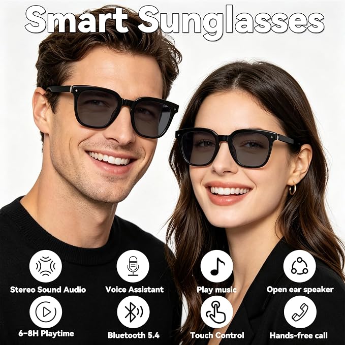 Smart Bluetooth Glasses for Men Women, Ai Smart Glasses with Open-Ear Audio, Voice Control, Real-time Translation, Hands-Free Calls, Bluetooth Sunglasses for Daily Use, Travel