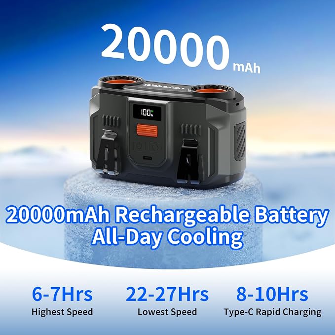 20000mAh Portable Waist Fan Rechargeable, Personal Cooling Fan Clip on Wearable Belt Shirt, 100-Speed Battery Operated & 20000RPM Dual Motors, Hands-Free Neck Fan for Outdoor Jobsite Travel