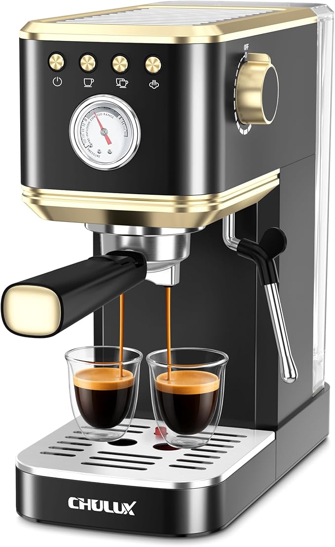 CHULUX Slim Espresso Machine with Milk Frother, 20 Bar Professional Italian Pump Espresso Coffee Machine for Home Cappuccino & Latte Maker, Stainless Steel, Black and Gold