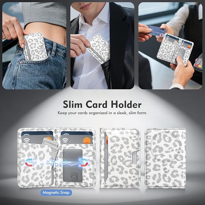 Antsturdy for Magsafe Wallet Stand with Holder,PU Leather RFID Blocking Card Holder,5 Card Slots,Strong Magnet Minimalist Flip Kickstand for iPhone 17/16/15/14/13/12/Pro/Max/Plus/Air,Leopard-White