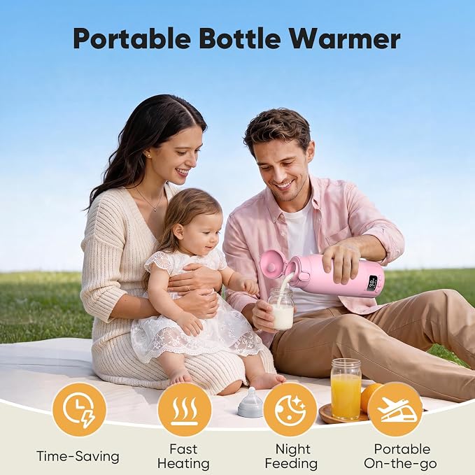 Portable Bottle Warmer for Travel, Fast Heating Milk Warmer On The Go, 17 OZ Water Warmer for Milk, Formula, Water, Temp Control 98°F -131°F, Baby Essentials for Outdoor Airplane Car Journey, Pink