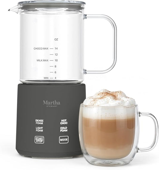Martha Stewart Milk Frother and Steamer, 10oz/300ml Glass Cup, 4 Presets (Cold Foam, Light, Dense & Hot Chocolate), Ready in 90 Seconds, Cordless Pouring, One-Touch for Hot and Cold Milk, Caviar Gray