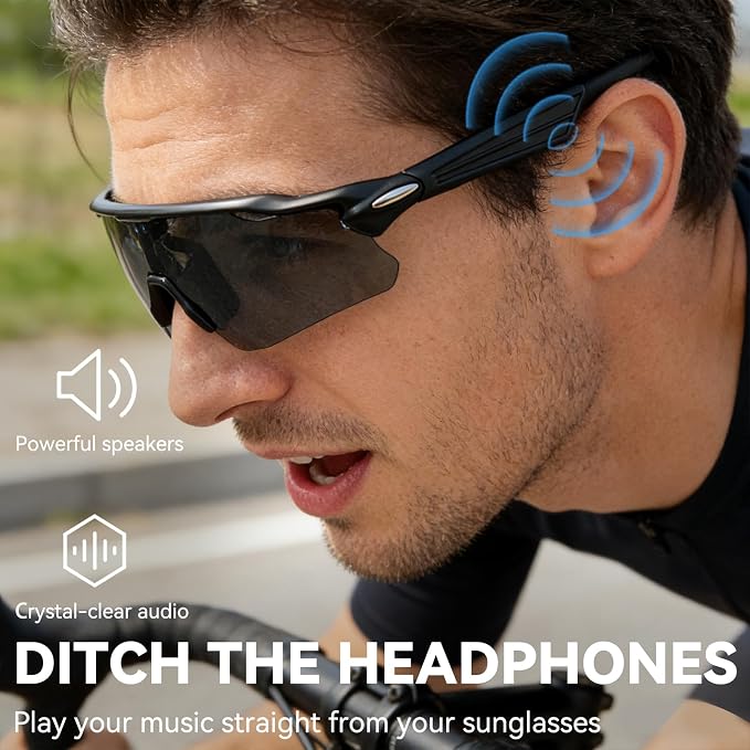 Bluetooth Smart Sunglasses for Men Women, Open-Ear Speaker Glasses with Touch Control, UV400 Polarized Lens, 5-6H Playtime for Outdoor Sports,White and Grey