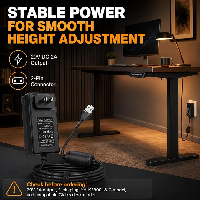 29V 2A Standing Desk Power Cord, 2-Pin Power Supply Adapter Compatible with Claiks P1.01.001/P101001 40/48/55/63 Inch Electric Desk, YH-K290018-C Charger Replacement