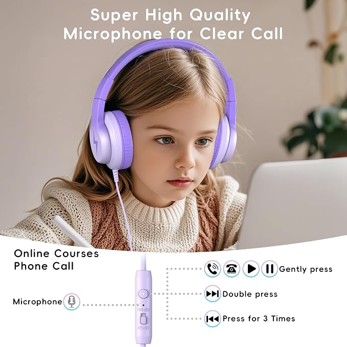 Candy Bila Kids Headphones, Wired Headphones for Kids Over Ear with Microphone, Foldable Headphone for Learning & Entertainment, Gradient Deep Purple