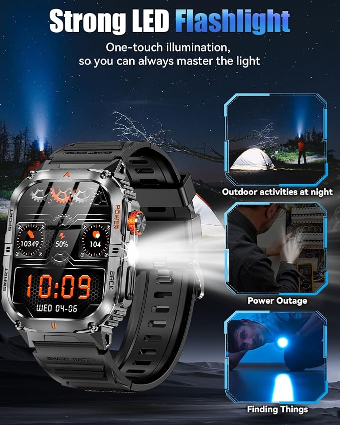 Military Smarty Watch for Men, 2.01" Smartwatch with 1200mAh Battery, Flashlight, Answer/Make Calls, Heart Rate/Sleep Monitor 100+ Sport Modes Fitness Tracker for Android/iPhone (002)