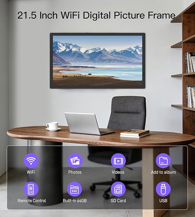Uhale 21.5 Inch Large Digital Picture Frame WiFi with Remote Control, 1920 x 1080 FHD IPS No Touch Screen Electronic Photo Frames with 64GB, Support SD USB, Share Photos Videos Instantly
