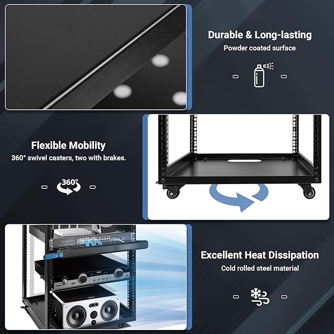 15U Open Frame Server Rack, Wall-mountable IT Rack w/Swivel Casters, 2 Rack Shelves, Top & Bottom Panels, Network Rack for Stereo/Computer/Data/IT/AV Equipment, 19.7”L x 18.8”W x 32.3”H