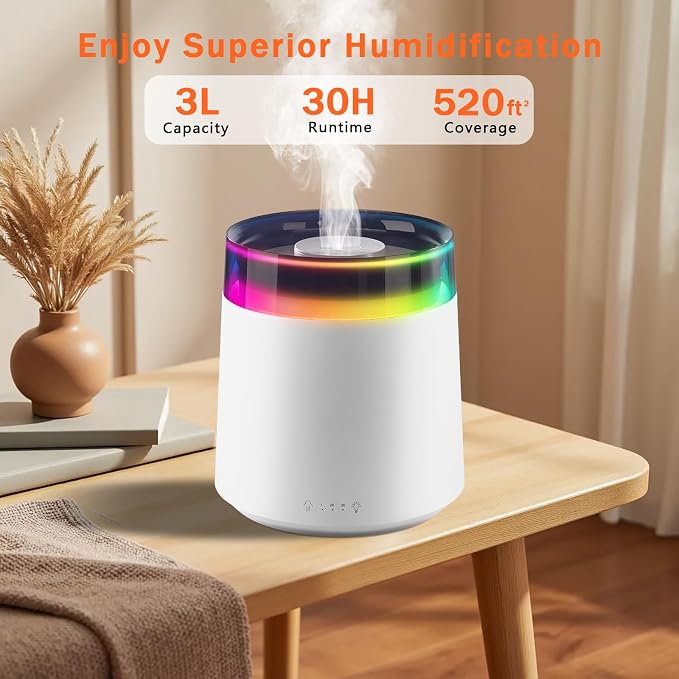 Humidifiers for Bedroom,3L Top Fill Cool Mist Humidifier for Baby Nursery,Essential Oil Diffuser for Large Room,3 in 1 Quiet Ultrasonic Humidifier for,Office,Plant,Nursery,BPA FREE (White)