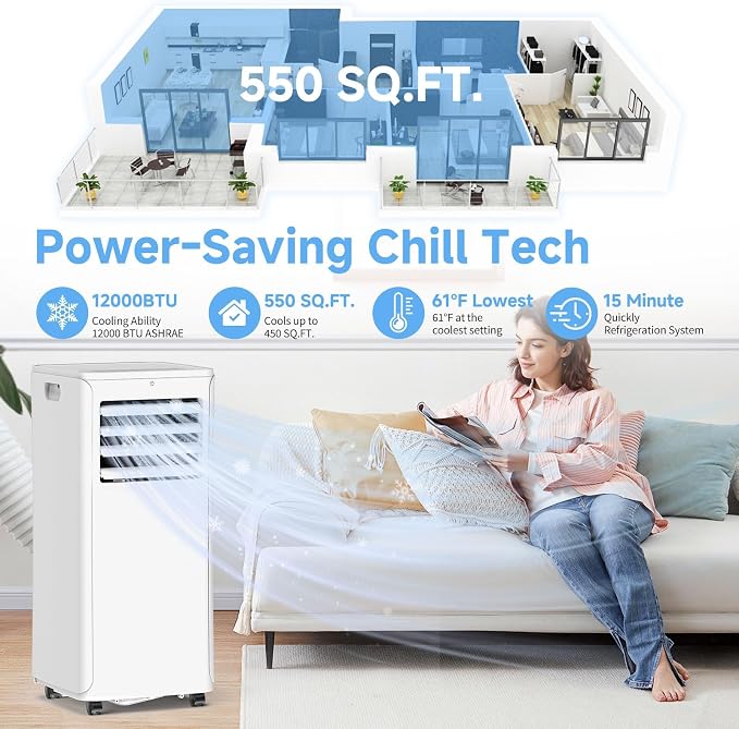 Portable Air Conditioner - 12,000 BTU 3-in-1 Cooling Unit with Dehumidifier, Fan & AC Modes - Ac Units Cools Up to 550 Sq.Ft - 24-Hour Timer, Remote Control & Window Kit Included