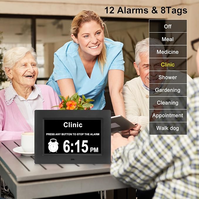 Johnziny 7 Inch Digital Clock with Day and Date for Elderly Large Display Digital for Elderly Dementia Clock Alarms, 12 Alarms and 8 Tags,4 Colors Display Calendar Alarm Clock(Black)