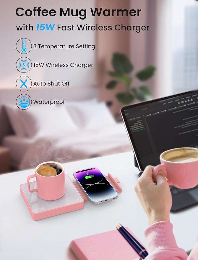Coffee Mug Warmer with 15W Wireless Phone Charger & 3A USB Charging Port, 3 Temp Settings & 8H Auto Shut Off, Candle Warmer Plate for Heating Coffee, Milk, Tea & Candles,Valentine's Day Gift(Pink)