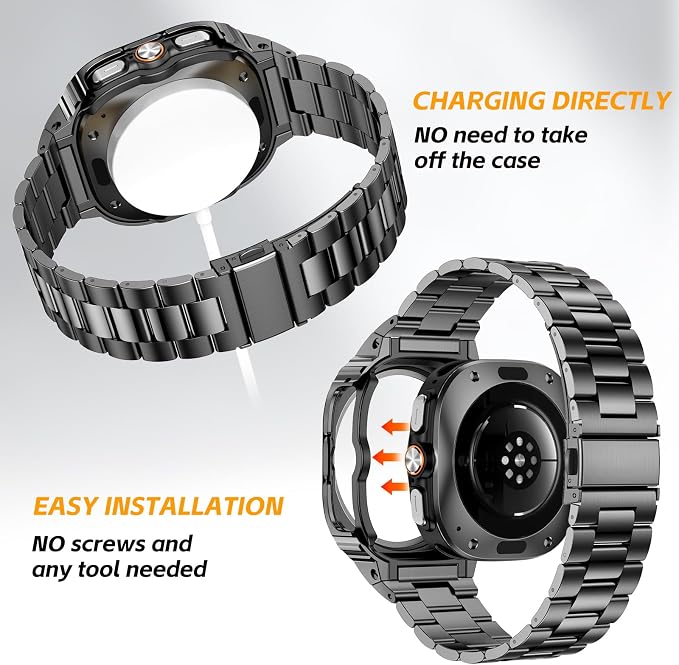 SUPLINK Stainless Steel Case and Bands Compatible with Samsung Ultra Watch Band Men (2025/2024), Rugged Protective Case Bumper Adjustable Metal Bands for Galaxy Watch Ultra 47mm,Space Grey