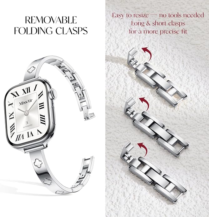 Missair Slim Bands Compatible with Apple Watch 38mm 40mm 41mm 42mm 44mm 45mm 46mm 49mm for Women, Thin Bracelet Dressy Designer Stainless Steel Metal Strap for iWatch Series 11 10 9 8 7 6 5 4 SE Ultra