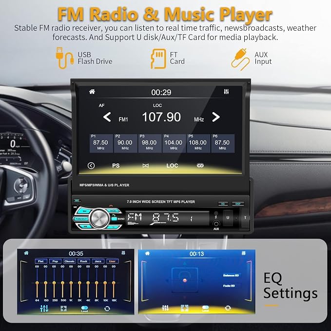 Podofo Single Din Carplay Car Stereo with Bluetooth AHD Backup Camera, 7 Inch flip Out Touch Screen Car Radio MP5 Player Support Android Auto, Mirror Link, USB, TF, FM Radio, Aux-in, SWC