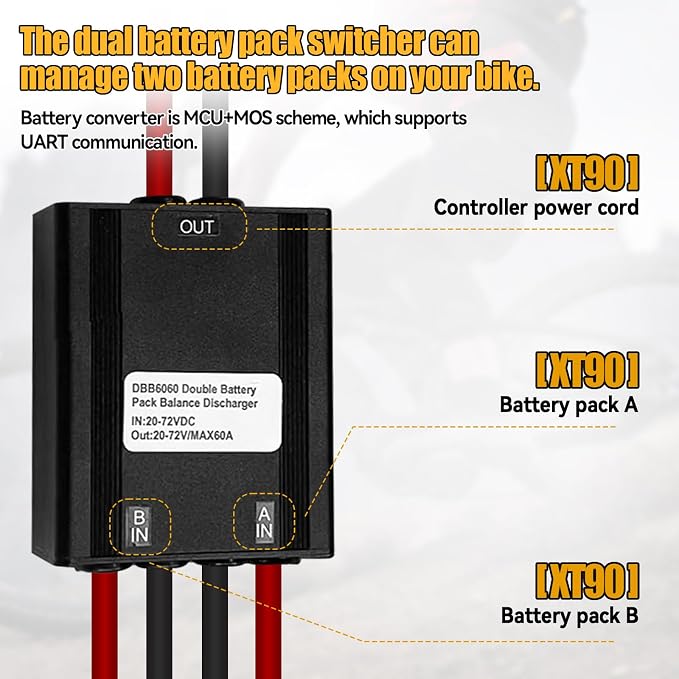 Double Battery Discharge Converter for E-Bike,DC 20V-72V DC Dual Battery Pack Switch Balancer XT90 Plug for Increase The Capacity by Connecting Two Batteries in Parallel Equalization Module (60A)