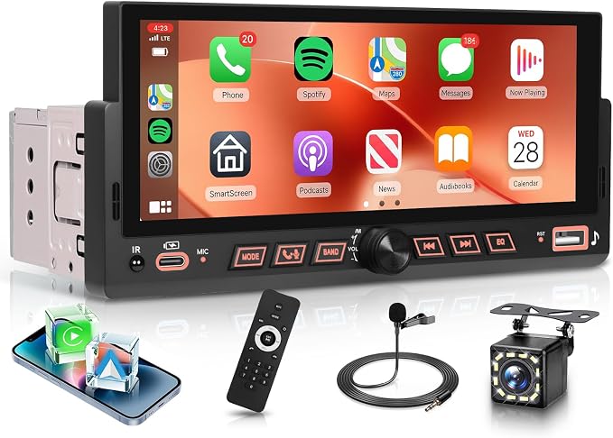 Single Din Car Stereo Wirelsss Carplay Android Auto, 1 Din Head Unit Bluetooth Backup Camera, 6.86" HD Touchscreen Radio, FM EQ USB-Type-C, Mirror Link SWC, Voice Control, Car Stereo Receivers