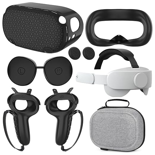Quest 2 Accessories - Head Strap, Case, Face Cover, Controller Grips, Joystick Cover, Lens Protector