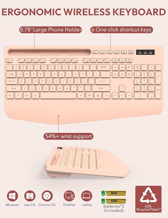 SABLUTE Wireless Keyboard and Mouse, Wrist Rest, Phone Holder, Batteries Included, 2.4G Lag-Free Ergonomic Keyboards Mouse Combo, Silent Cordless Set for Computer, Laptop, Mac, Windows (No Backlit)