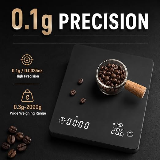 Smart Espresso Coffee Scale with Timer, 0.1g Accuracy, Flow Rate & Ratio | VIEYKEA Espresso Scale, Rechargeable Digital Pour Over Coffee Scale, G/oz/ml Unit, Auto Mode for Kitchen Home Office Travel