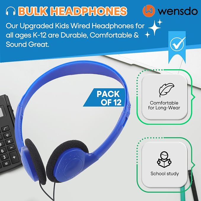 Kids Headphones Bulk 12 Pack for School Classroom Student Children Toddler Boys Girls Teen and Adults, Wholesale Wired Computer Earphones Class Set for Library Museums Airplane (HY857,12 Blue)